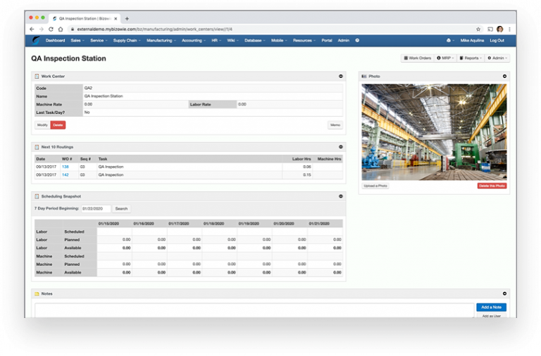 Bizowie work centers & capacity screen