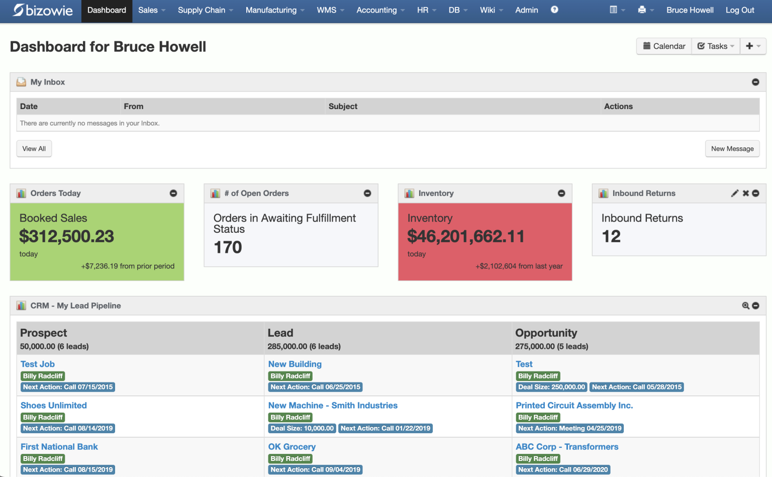Bizowie live dashboard showing bookings, open orders, inventory value, and the sales pipeline