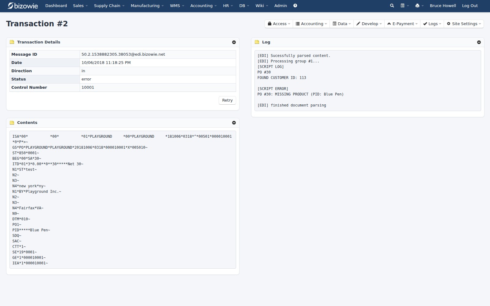 EDI purchase order transaction in Bizowie, with the X12 contents and the processing log
