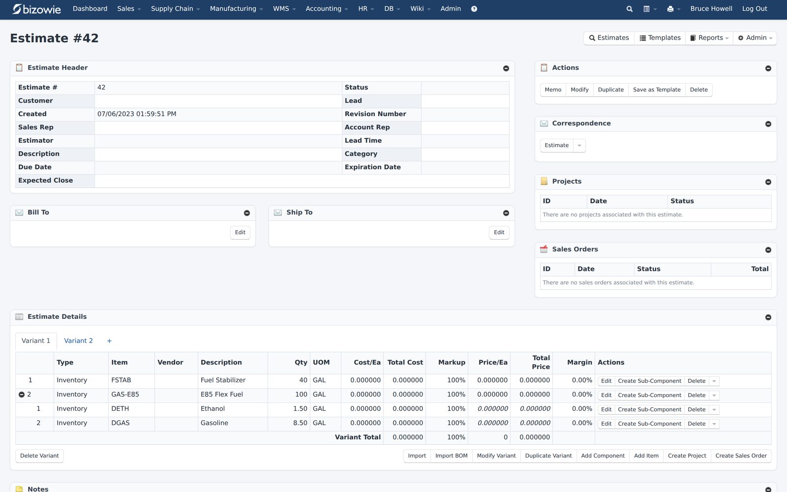 Estimate Management screen