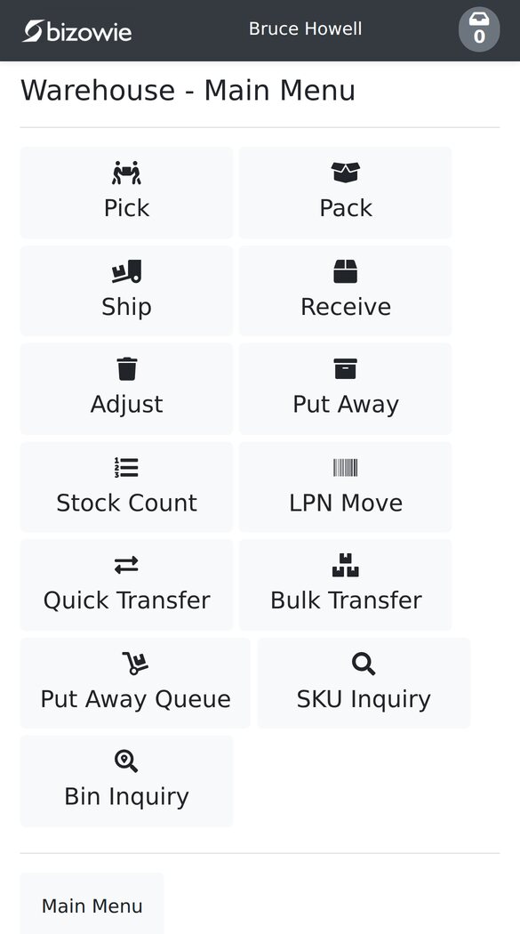 Bizowie mobile warehouse menu: pick, pack, ship, receive, put away, and stock count