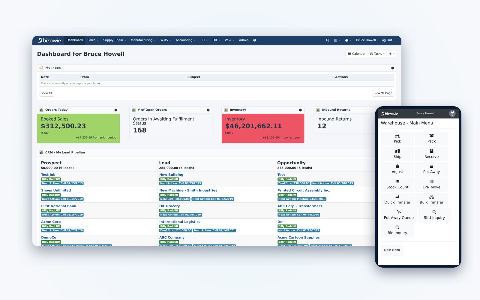 Bizowie Cloud ERP for manufacturers on desktop, tablet, and phone