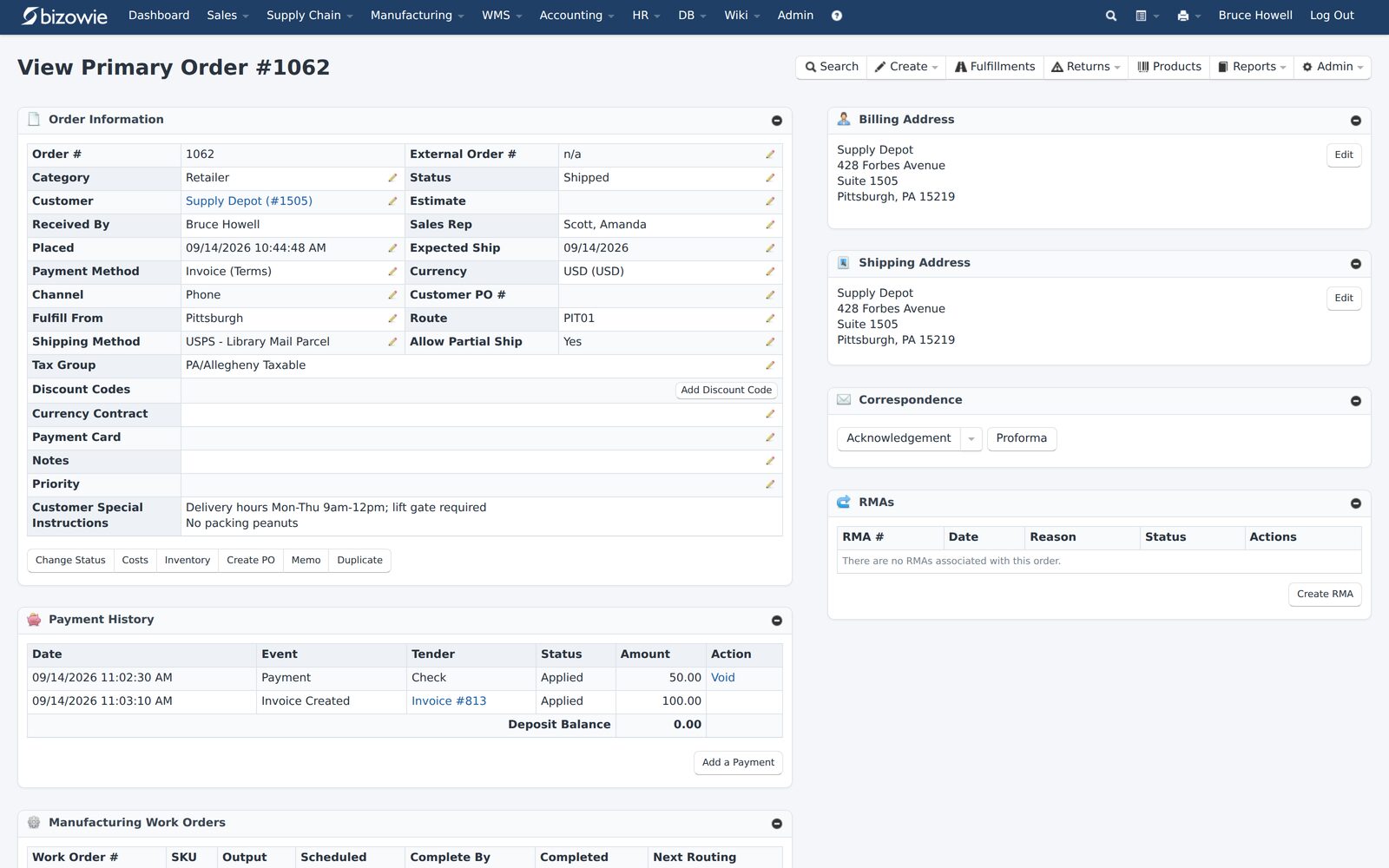 Sales order record in Bizowie