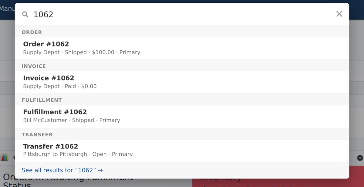 Bizowie universal search finding an order, invoice, fulfillment, and transfer from one number
