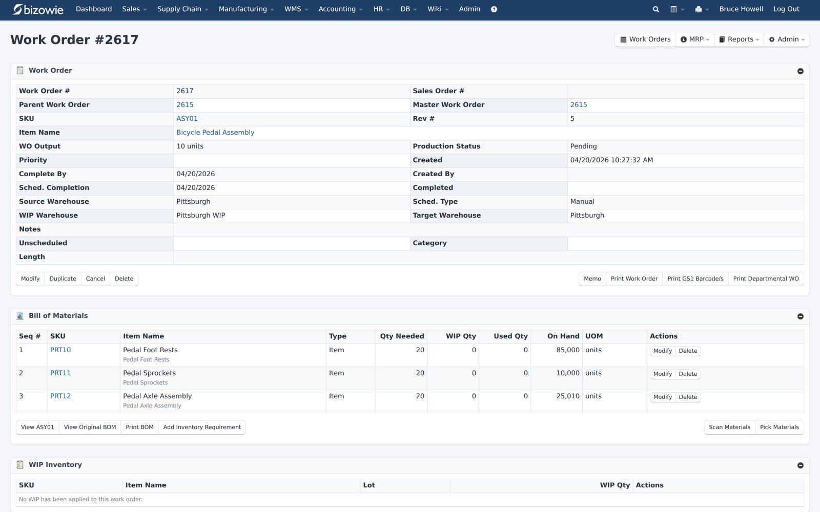 Work order with bill of materials in Bizowie