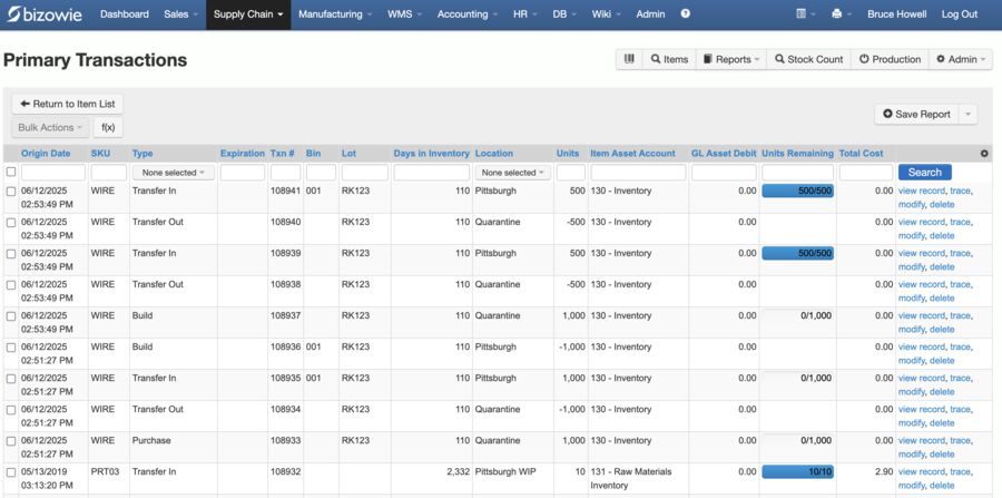 Bizowie inventory transactions screen
