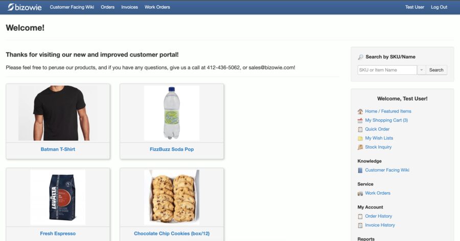 Bizowie b2b customer portal screen